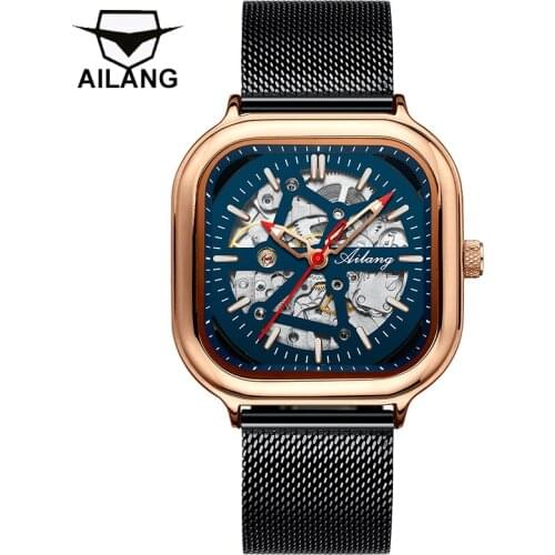 AILANG Mens Watch Automatic Mechanical Hollow Luminous Waterproof Stainless Steel Mens Square Watch Top Brand Luxury 203