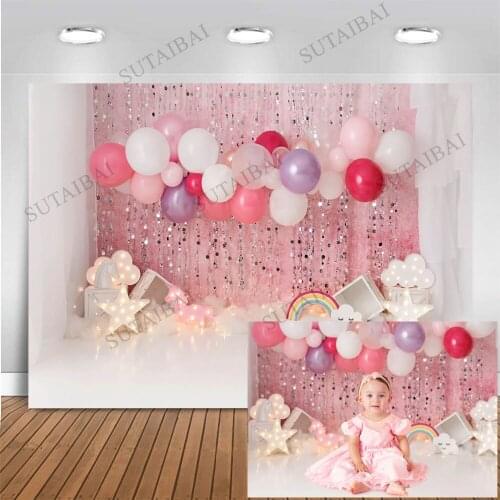 Kids Portrait Backdrops Pink Ballooon Star Cloud Rainbow Baby Shower Birthday Cake Smash Party Photography Backdrop Photo Studio