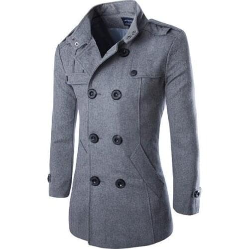 Hot sale winter mens Business Casual Solid color Wool Blends jacket quality Double-breasted Standing collar coat Windbreaker