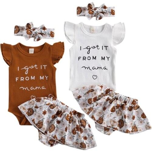 FOCUSNORM Summer Lovely Baby Girls Clothes Sets 3pcs Letter Ruffles Sleeve Romper Tops Floral Shorts Headband