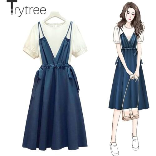 Trytree 2021 Summer Women Two Piece Set Casual White T-shirt + Suspender Skirt Drawstring Ribbon A-line Office Lady 2 Piece Set