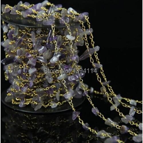 Natural Purple Quartz Crystal Chips Beaded Chain, Wire Wrapped Chip Beads DIY Chain
