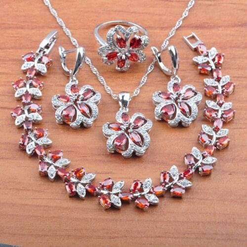 2020 New Silver Color Jewelry Set Best Birthday Gift For Women Red Zirconia Earrings Pendant Rings Bracelet Set JS0534