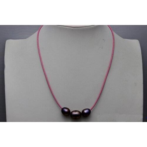 New Arriver Leather Pearl Jewelry Pink Leather 3 Black Freshwater Pearl Necklace 10x12mm 18 Inches Handmade Jewelry No Metal