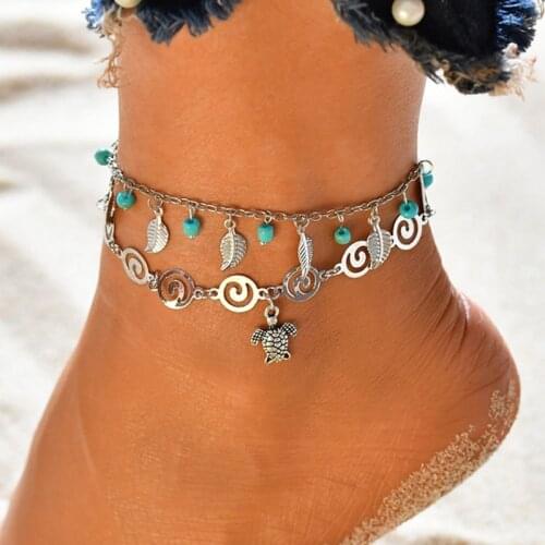 Trendy Multiple Layers Turtle Sea Wave Beads Anklets For Women Classic Tassel Leaf Anklet Bracelet Summer Beach Foot Jewelry
