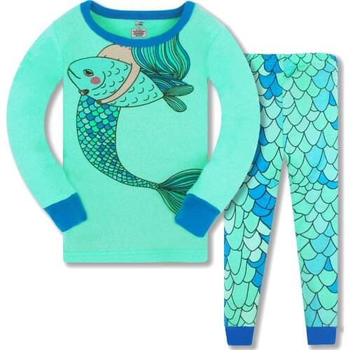 3-8Y Christmas Children Super Warm Cotton Clothing Suit Baby Girls Boys Pyjamas T-shirt Pants 2pcs Kids Pajamas Set mermaid Pjs