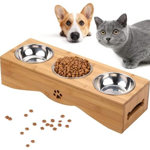 Pet Cat Stand Bamboo Bowls Food Water Dispenser Three Bowls Stainless Steel Ceramic Feeding Neck Care Rack Feeder