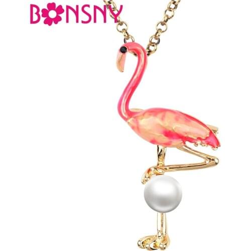 Bonsny Enamel Alloy Pearl Flamingo Bird Necklace Chain Choker Alloy Pendant Novelty Jewelry For Women Girls Ladies Accessories