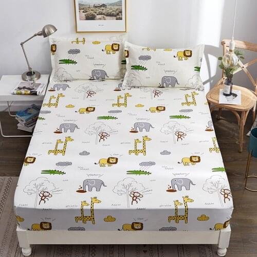 Cartoon Cute Animals Pattern Fitted Sheet 1 Pc Bed Sheet with Elastic Band 100% Cotton Fabric Mattress Cover Kids Room Bed Sheet