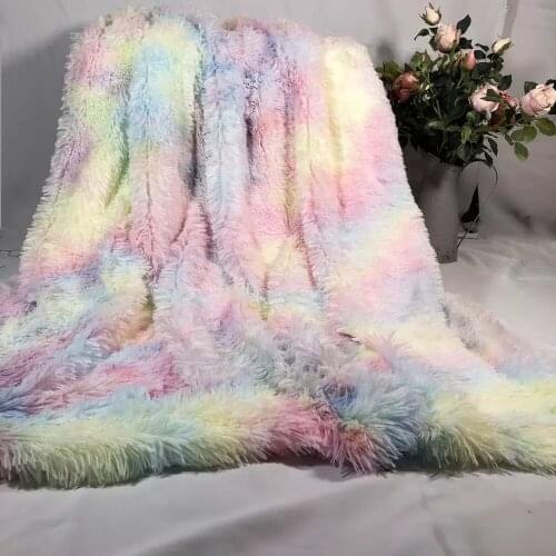 Rainbow Plush Super Soft Blanket Colorful Bedding Sofa Cover Furry Fuzzy Fur Warm Throw Cozy Pink Blue Couch Blanket for Winter