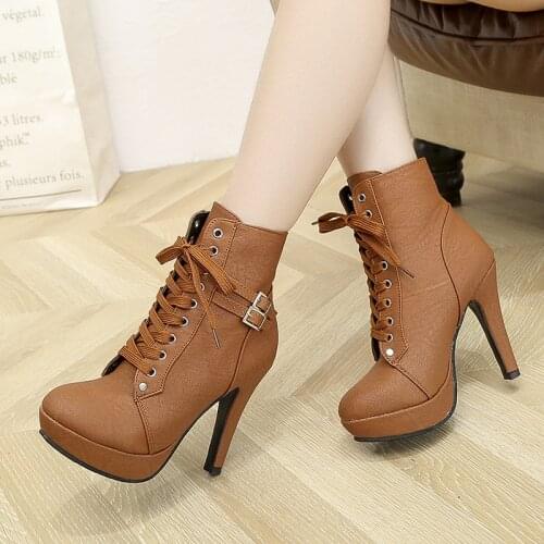 Plus Size Ankle Boots Women Platform High Heels Female Lace Up Womens Shoes Buckle Woman Short Boot Ladies Footwear 968