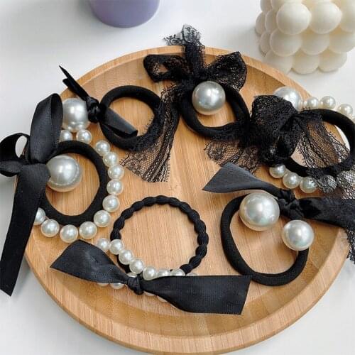 Women Girls Sweet Elegant Pearl Lace Bow Scrunchies Rubber Bands Lady Lovely Elastic Hair Bands Female Fashion Hair Accessories