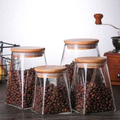 Wooden Lid Glass Sealed Jar Glass Bottle Coffee Storage Tank Tea Can Sugar Storage Container Kitchen Square Bottle Square Jar