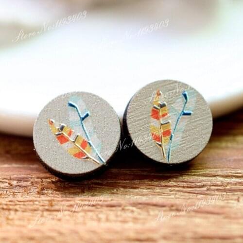 Unique 3D Feather Embossed 16mm Round Coloured Drawing pattern Laser Cut wood Cabochon DIY for Rings, Earring,Brooch,Necklace