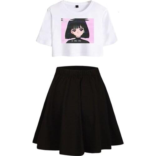 Vaporwave T-shirt Suit Japanese Cute Pleated Skirts Women Mini Short Skirt Crop T-shirt Fashion Girl Sexy Cute Collocation Sets