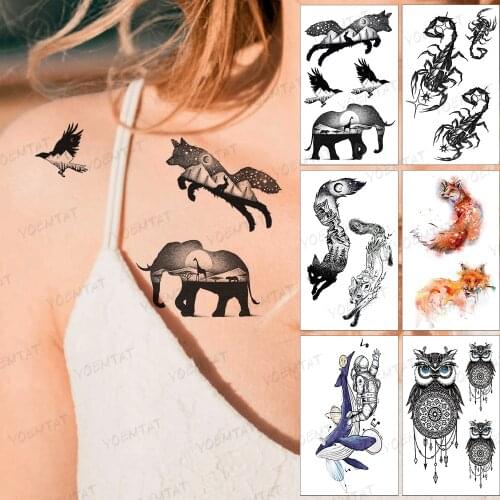 Waterproof Temporary Tattoo Sticker Wolf Elephant Eagle Animal Moon Mountain Forest Black Tatoo Arm Leg Fake Tatto Woman Man
