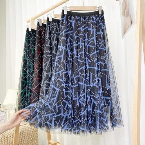 2021 summer new geometric pattern net yarn fairy skirt wild mid-length large skirt skirt female 1082