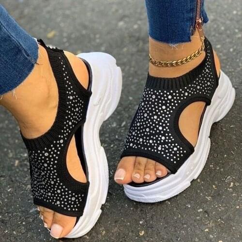 2021 New Summer Womens Sandals Sexy Shoes Crystal Casual Womens Flat Elastic Band Ladies Fashion Beach Shoes Large Size 36-43