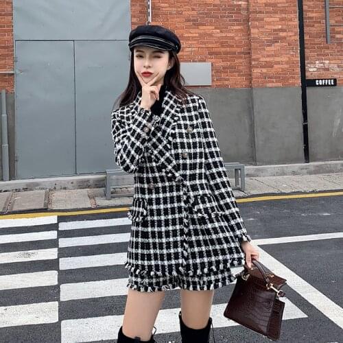 New Autumn Winter Tweed Shorts Suits Women Black White Plaid Tassel Long Suit Coat + High Waist Woolen Shorts Female 2PCS Set