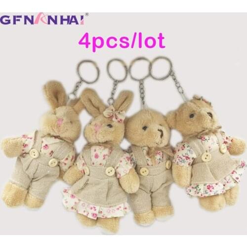 4pcs/lot kawaii 11cm Couple Teddy Bear & Rabbit Plush Pendant Toys Dressing Burlap skirt Bears Doll Stuffed Toys Children Gifts