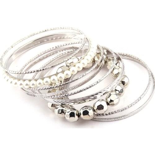 Free shipping New Arrive 9 piece Metal Bangle Pearl Set For Women Holiday Gift