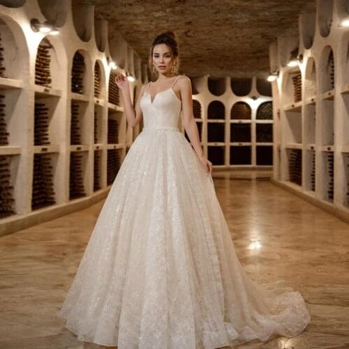 Shiny Bling Wedding Dress A-Line Spaghetti Strap Backless Bridal Gowns Court Train Beaded Belt Wedding DRESS New