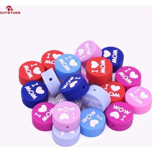 10pcs Silicone Beads 20mm Flat Round I Love Mom Teething Beads Necklace Food Grade Nursing Toys Accessories Gifts Baby Teether