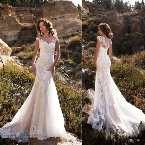 Sleeveless Double Shoulder Neck Appliqued Lace Wedding Dresses Mermaid Trumpet Train Illusion bridal gown dress White