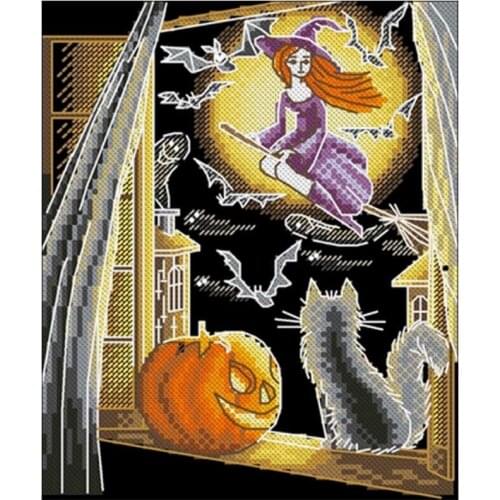 Flying halloween witch Patterns counted 11CT 14CT Cross Stitch Set DIY Cross-stitch Kits Embroidery Needlework Home Decor