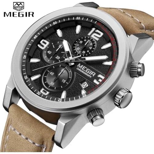 MEGIR Fashion Watch Top Brand Men Quartz Sport Chronograph Watches Mens Casual Waterproof Army Leather Clock Relogio Masculino