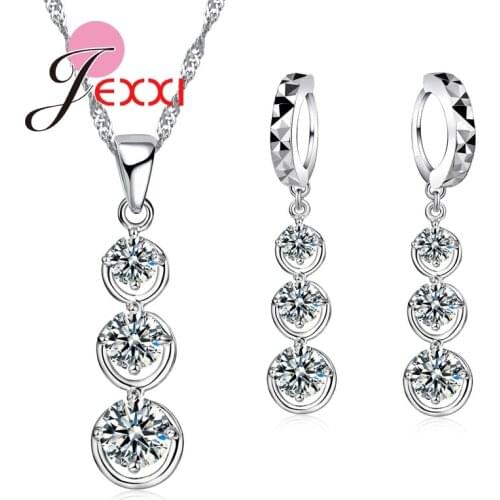 Trendy Thress Cubic Zirconia Crystal Beads Drop Necklace Tassel Dangle Earrings Piercing Brincos Wedding Jewelry Sets