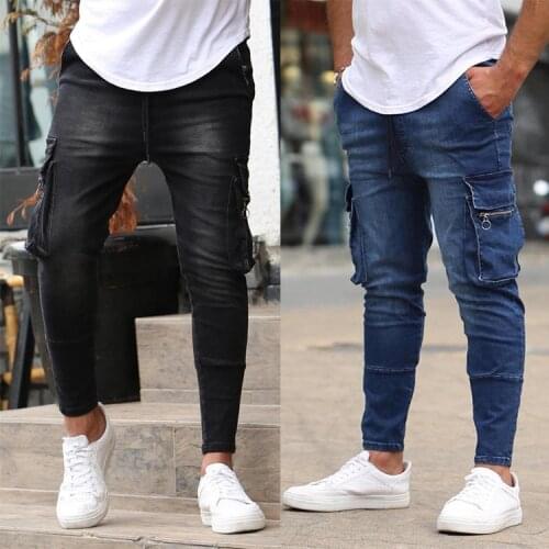 Men Skinny Jeans Mens Fashion Large side pockets Slim Jeans Men Hiphop Trousers high quality Zipper Pencil Pants