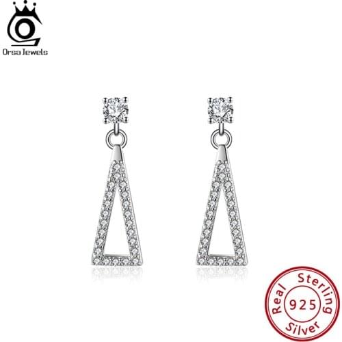 ORSA JEWELS 925 Sterling Silver Triangle Drop Earrings For Women Top Quality AAAA Cubic Zirconia Earrings Jewelry Gifts APE21
