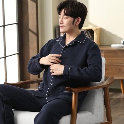 Pajamas Mens Autumn and Winter Sleepwear Youth Long-sleeved Air Cotton Interlayer Thin Solid Color Home Casual Pajamas Suit