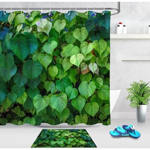 Spring Plant Green Leaf Fabric Shower Curtains for Bathroom Doormat Waterproof Polyester Bath Curtain with Hooks Home Decor