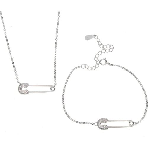 Drop shipping untique dainty delicate necklace Safety Pin charm paved cz bracelet set Womens Girls in 100% 925 sterling silver