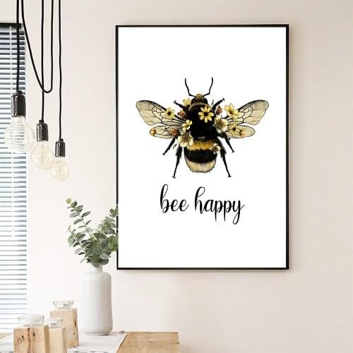 Inspirational Quote Poster Bee Happy Print Be Yourself Bumblebee Sunflower Wall Art Canvas Painting Natural Print Home Decor