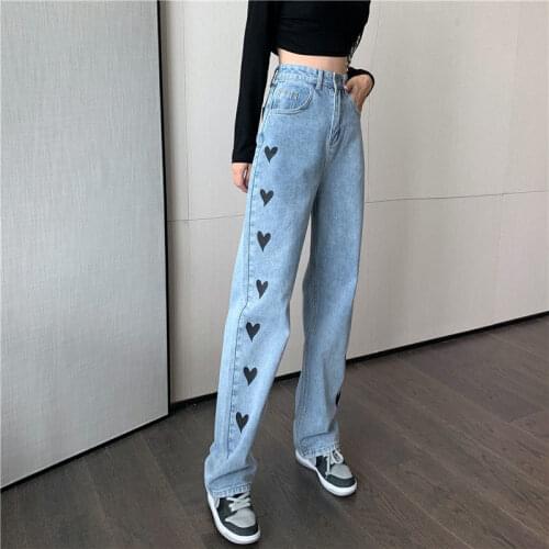 Love pattern jeans womens spring and autumn new loose trousers, high waist and thin, wild retro mopping wide-leg pants women