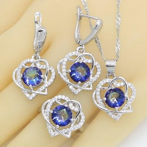 Blue Rainbow Zircon Silver Color Jewelry Sets for Women Heart Shape Earrings Rings Necklace Pendant Gift Box