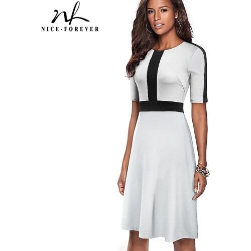 Nice-forever Retro Contrast Color Patchwork Elegant Autumn Dresses Business Office A-Line Women Dress A232