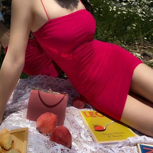 2020 New Rose Red Pleated Tight Spaghetti Strap Sexy Dresses Mesh High Elastic Mini Fashion Dress Women