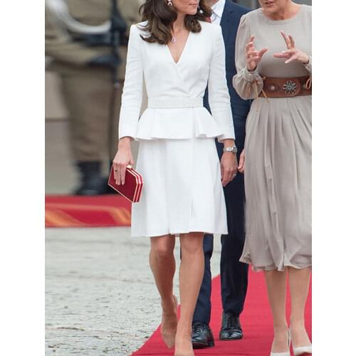 Princess Kate Spring Autumn New Designer Womens High Quality Vintage Elegant Party Office V-neck Belt Pleated White Dress