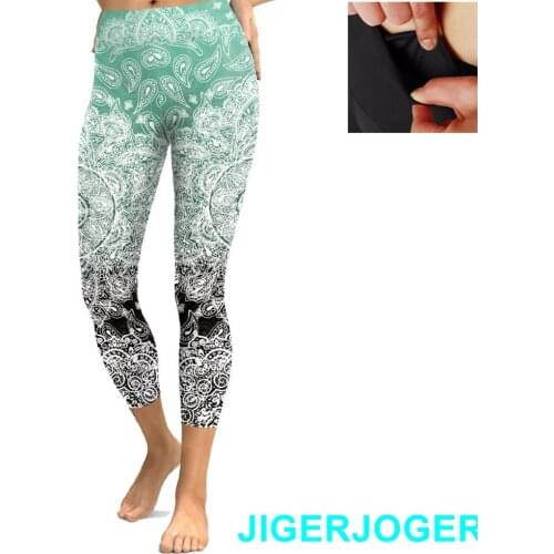 2020 Spring New High waistband pocket Green Black mandala 3/4 Yoga Capris Leggings gym Shorts 7/8 compression tights