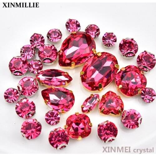 28pcs/Bags K9 Mix Shape Mix Size Rhinestones Rose Color Sew On Crystal With Gold Claw Stone Glass Wedding Decoration 5A Quality
