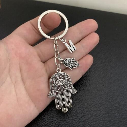 Personalized A-Z keychain wholesale and retail fashion evil eye silver-plated key ring Hamsa Fatima handmade alloy keychain