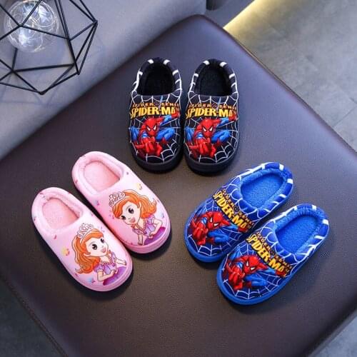 Disney Childrens Cartoon Princess Sophia Spider-Man Boys Girls Home Shoes Cotton Slippers Plus Velvet Warm Cotton Shoes