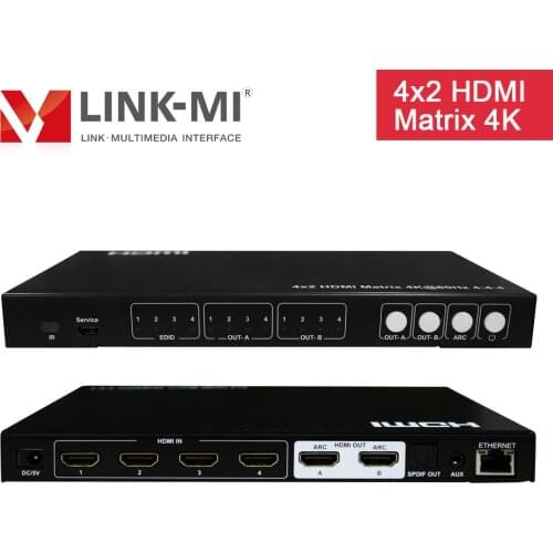 LINK-MI 4x2 HDMI Matrix with Audio Extract SPDIF/Analog Support 4K@60Hz YUV 4:4:4, 18Gbps, HDCP2.2, 3D, CEC, ARC, EDID