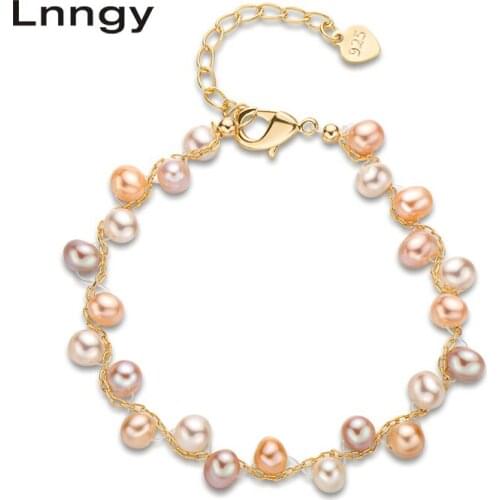 Lnngy 14K Gold Filled 4.5-6mm Natural Cultured Freshwater Pearl Charm Bracelet Women Jewelry Gifts