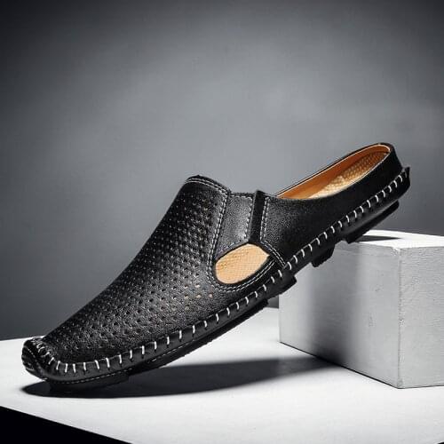 Men Half Shoes Casual Split Leather Loafers Brand Handmande Slipon Men Driving Shoes Hollow Breathable Summer Slippers Male Flat