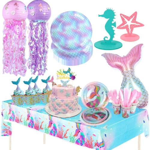 MEIDDING 1 set Little Mermaid Birthday Party Purple Disposable Tableware Plates Napkin Cups Mermaid Birthday Party Supplies